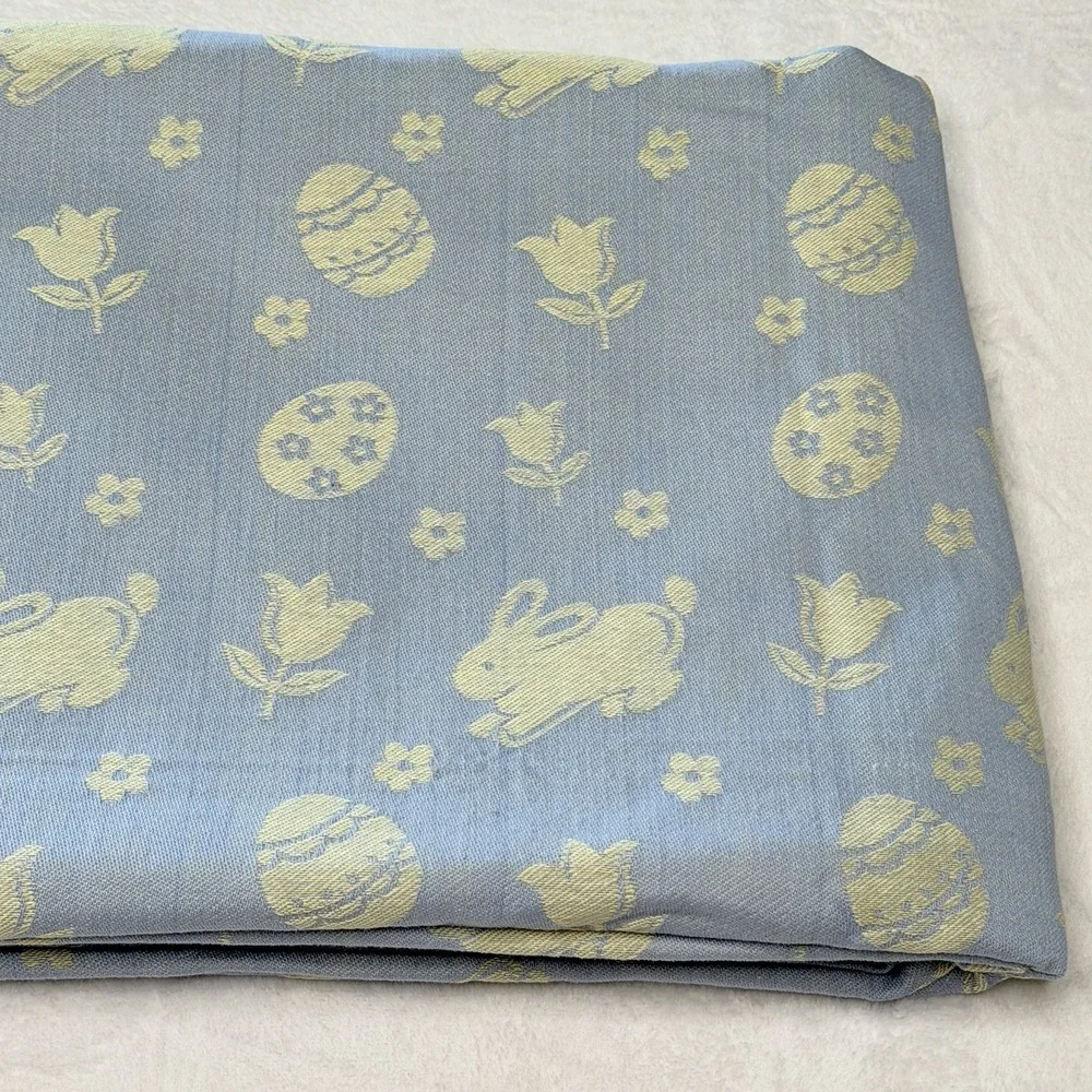 VTG Easter Bunny Egg Tulip Jacquard Tablecloth Blue White 60x98 Spring Cottage